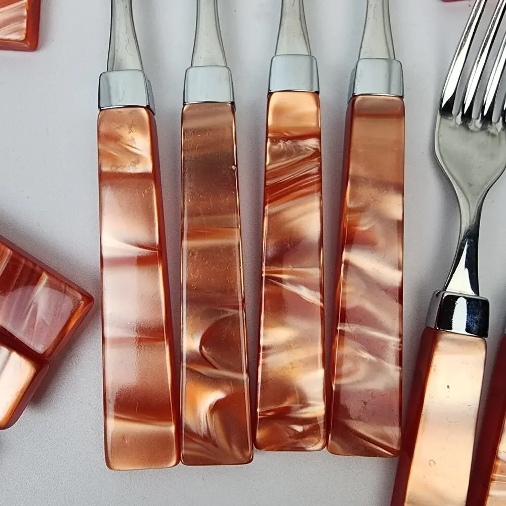 Inox 18/10 Italy Orange Swirl Acrylic Handle Modern Sleek Flatware 19pc